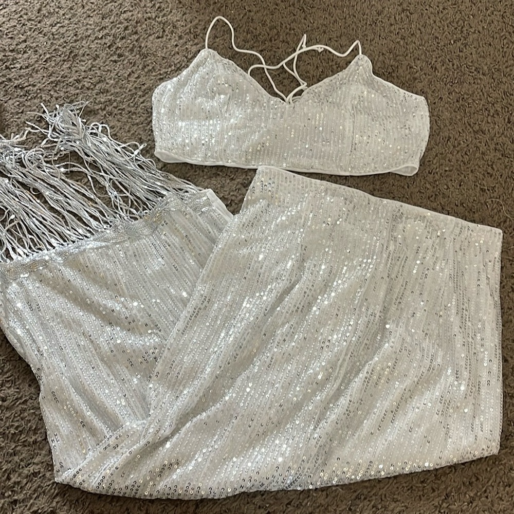 SHEIN sequin white/Silver two piece set